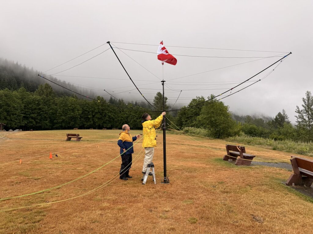 Assembling the BuddiHEX hexbeam during Friday's on-and-off rain.