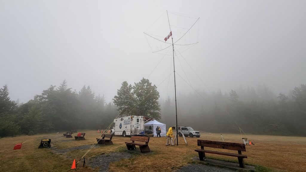 The completed antenna system and NS1 command vehicle in the fog.